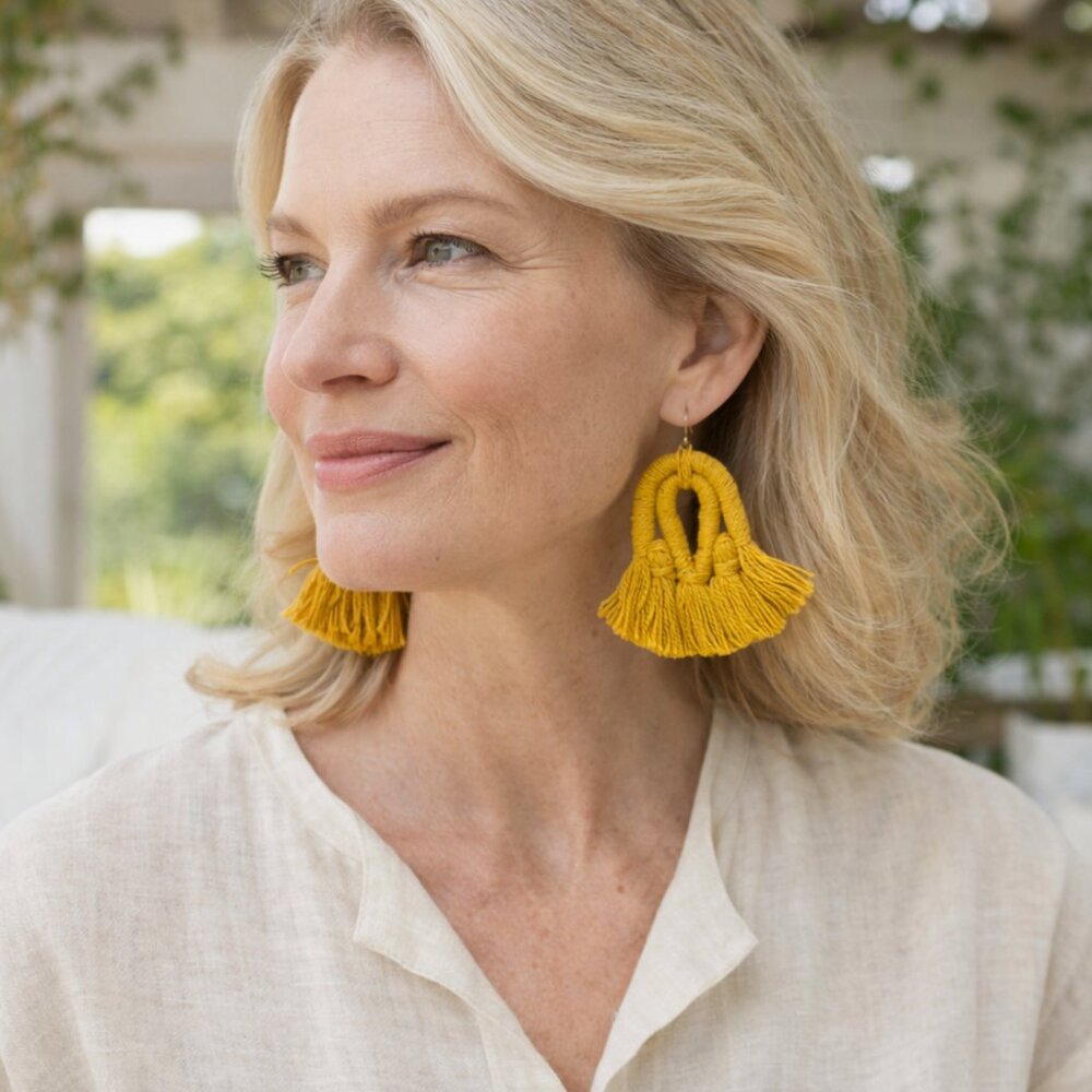 J. Jill Macrame Tassel Earrings Yellow Fringe Boho Statement Dangle Vacation NWT - Picture 1 of 13